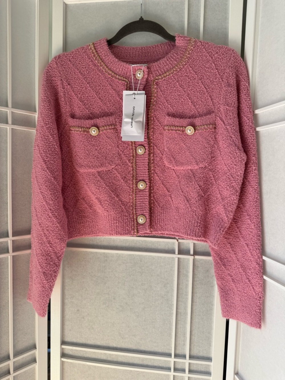 Cropped Rose Pink Bouclé Button-Front Cardigan